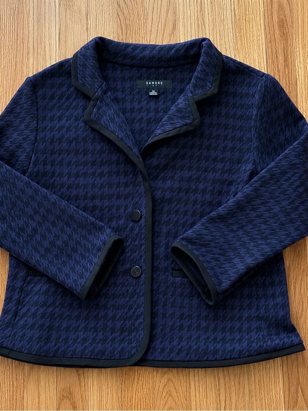 Sandro Paris Houndstooth Blazer Navy Blue Black Two Button Jacket Stretch XL